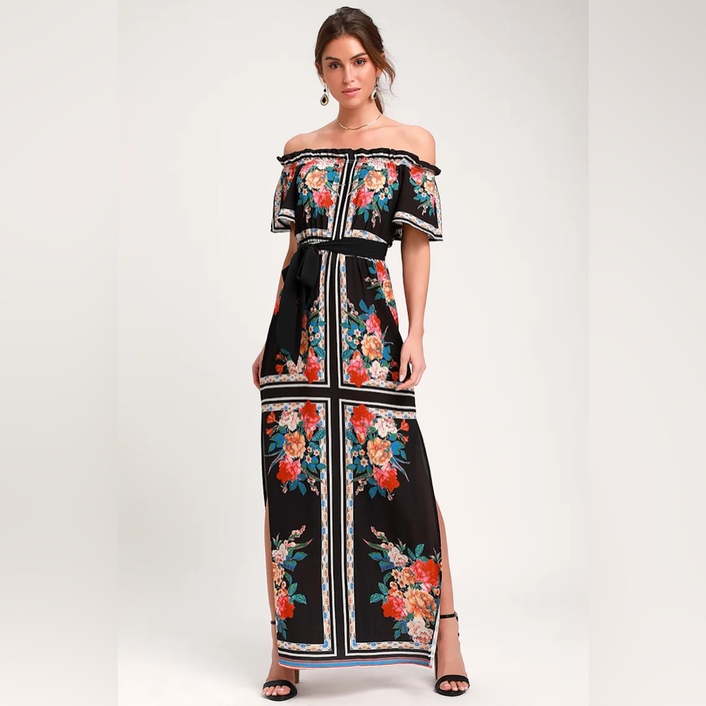 Lulus Trip To Tobago Black Floral Print Off-the-shoulder Maxi Dress - Size M